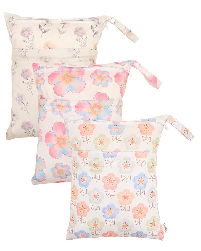 ALVA ALVABABY 3pcs Medium Cloth Diaper Wet Dry Bags Waterproof Reusable with Two Zippered Pockets Travel Beach Pool Daycare Soiled Baby Items Yoga Gym Bag for Swimsuits or Wet Clothes 3L-ZM50A