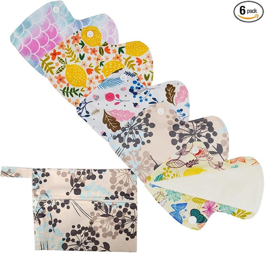 5 Thong Panty Liners 1 Wet Bag Cloth Menstrual Pads Sanitary Reusable Washable (Silver Foliage White)