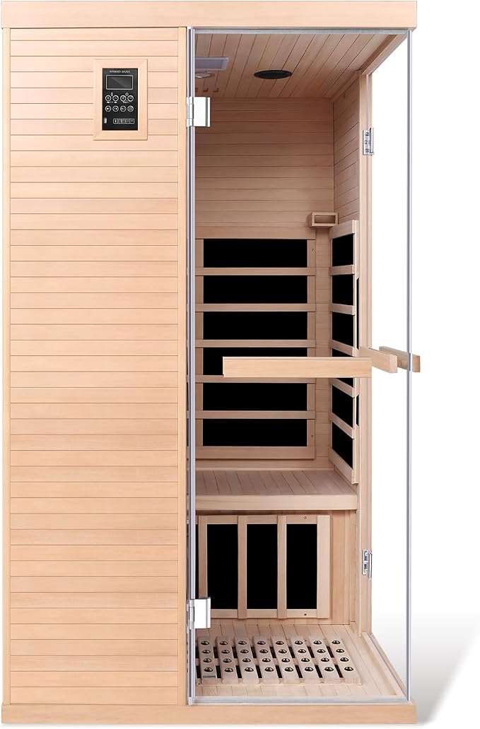 Far Infrared Home 1 Person Indoor Sauna Room 110V/1350W Hemlock Wooden Dry Sauna,Double Opening Tempered Glass Door，Internal and External LCD Controller，Bluetooth Player