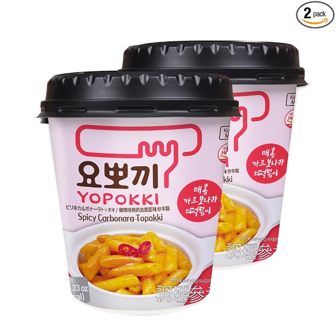 Yopokki Instant Tteokbokki Rice Cakes Korean, Topokki Cup - Great with Cheese and Ramen Toppings, Korean Snacks for College Dorm, Korean Street Food Quick & Easy to Prepare, Pack of 2 (2 Cups, Spicy Carbonara)