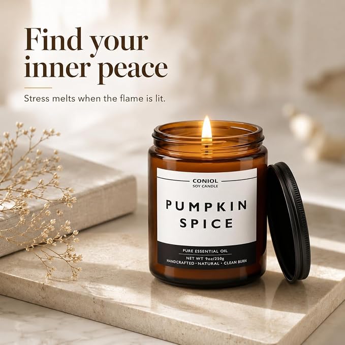 Pumpkin Spice Scented Candles for Home, Natural Soy Wax Candle with Essential Oils, 9oz Amber Jar Aromatherapy Candel, 50H Long & Non-Toxic Burning, Hand Poured, Giftable, Relaxation, Birthday