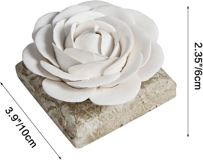 Ceramic Passive Essential Oil Diffuser, Aesthetic Desktop Handmade Flower & Concrete Base, Porcelain Aromatherapy Oils Diffuser for Home, Office, Yoga, Spa Room (White Camellia)