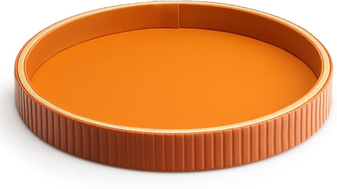 Leather Tray Desktop Storage Organizer, Round Valet Tray, Orange | Premium Serving Trays Decorative Tray Desk Organizer for Sundries Cosmetics Phone Wallet Keys Cutlery, 10x10in