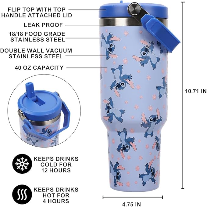 Disney Lilo & Stitch Sky Blue AOP 40 Oz. Vacuum Sealed Stainless Steel Tumbler With Carry Handle