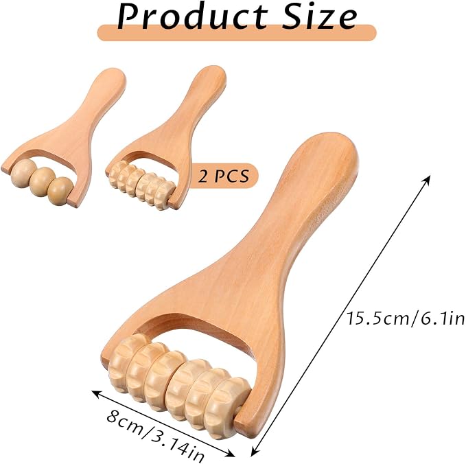 Telooco 2Pcs Wooden Massage Roller, Handheld Wood Massage Tools - Wood Roller for Back Leg Foot Muscle Relief