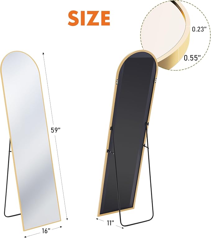 OLIXIS Arched Full Length Mirror with Stand, Full Body Mirror, 60x16 | Hanging or Leaning Wall, Aluminum Alloy Thin Frame, Floor Living Room Bedroom, Long, Gold