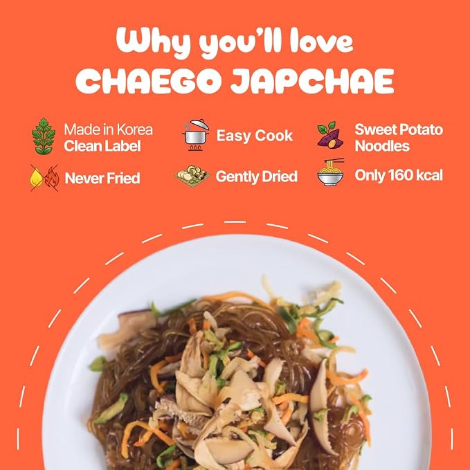 Chaego Japchae Korean Glass Noodles Stir-Frying Vegan Asian Prepared Meals Self Heating Instant 2 serving