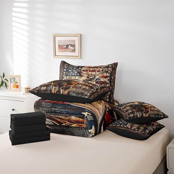 Feelyou Deer Hunting Comforter Set with Sheets American Flag 7 Piece Bedding Set Queen Size for Kids Boys Girls Wild Animal Deer Bed in a Bag Soft Down Bedding Comforters