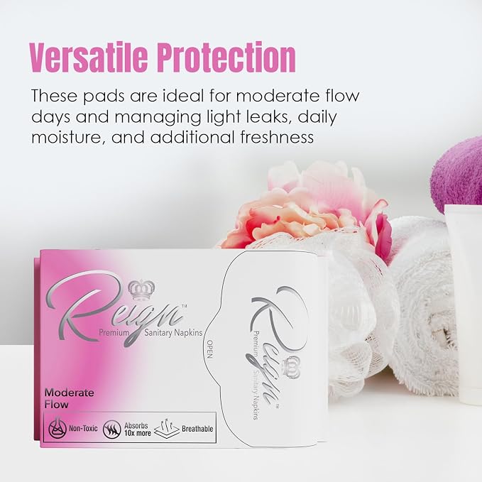 Reign Moderate Flow with Wings Sanitary Napkins for Women, Super Absorbent Pads (10 Count, 1pack)