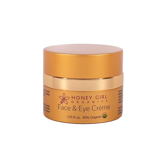 Honey Girl Organics Face & Eye Crème, USDA Certified Organic Facial Moisturizer & Under Eye Cream for Wrinkles, Dark Circles and Puffiness w/Hydrating Honey, Beeswax, Essential Oils & EVOO. 1.75oz