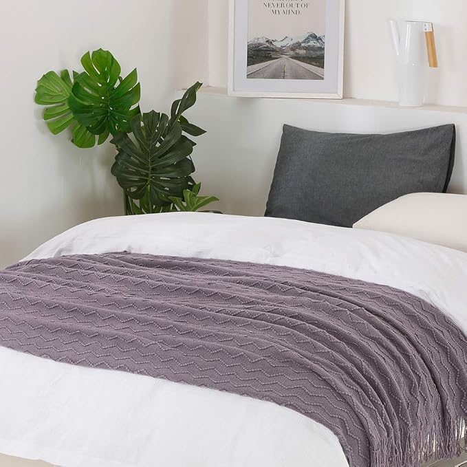 BOURINA Dark Lavender Throw Blanket 50x90 Inch Knit Soft Throw Bed Blanket | Knitted Throw Blanket 50x90 Inches, Soft Lightweight Boho Weave Throw Decorative Couch Blanket for Living Room Bed Runner