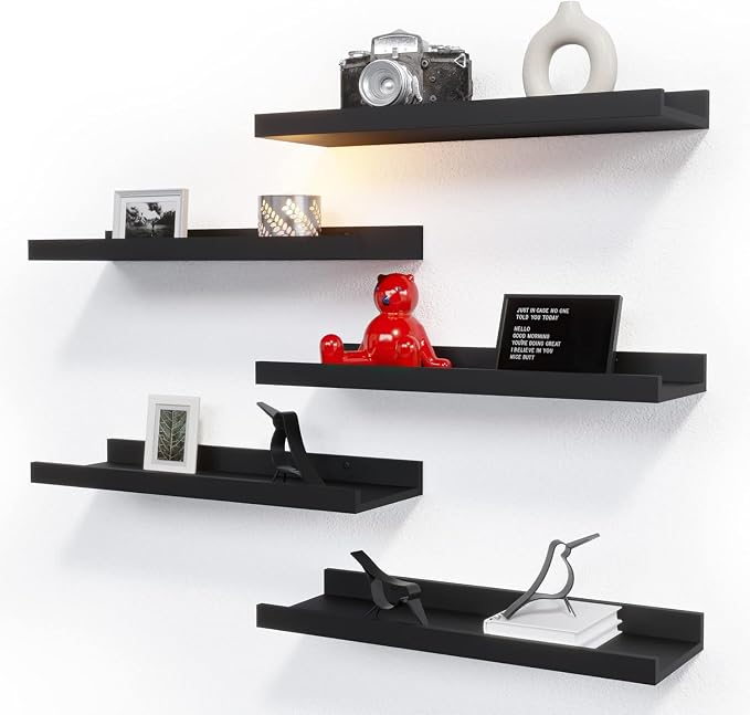 RICHER HOUSE 5 Set Floating Wall Mounted Shelves, Black Shelves for Wall Decor, Modern Picture Ledge Shelf with Lip for Storage, Nursery, Bedroom, Living Room, Bathroom - Black | Display Picture Ledge Shelf, Anti-drop lip Shelf for Room Wall Decor, Bed...