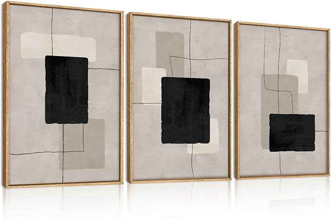 ANHUIB Modern Abstract Wall Art Canvas,Neutral Abstract Wall Art Framed,Contemporary Minimalist Prints,Geometric Line Artwork,3 Piece 16 * 24IN Mid Century Painting for Living Room Bedroom Office