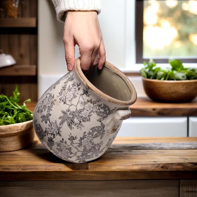 Rustic Farmhouse Ceramic Flower Pots, Vintage Antique Crock Planter & Vase | Terracotta Pots for Indoor/Outdoor, Handmade Crackle Glaze Terracotta Pottery, Home Kitchen Office Decor, Gardening Gifts