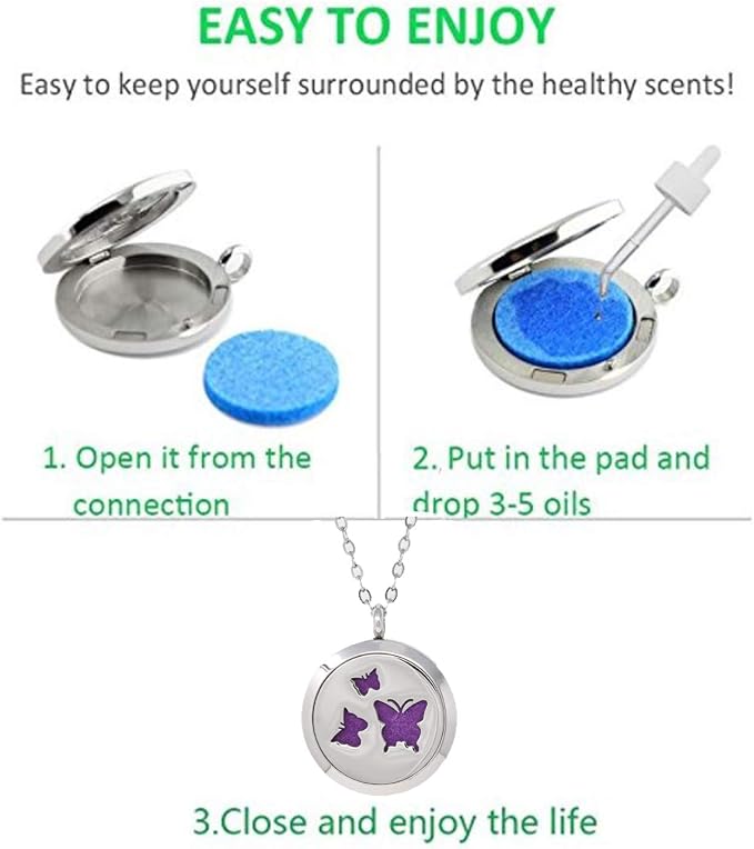 Aromatherapy Essential Oil Diffuser Stainless Steel 30MM Silver Magnetic Locket Pendant 2 Sizes Chain Necklace, Refill Pads & Diffuser Bracelet in a Velvet Bag (butterfly4)