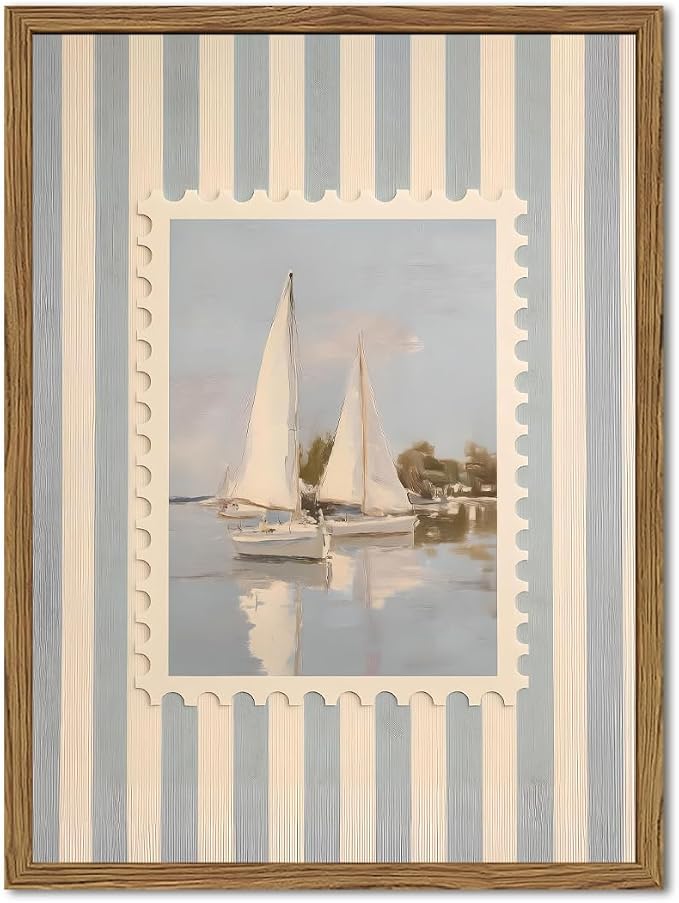 Vintage Coastal Sailboats Wall Art Trendy Beach Sailing Wall Decor Painting Blue and White Ocean Sail Boats Striped Poster Canvas Print Picture for Living Room Bedroom 12x16 inch Wood Framed