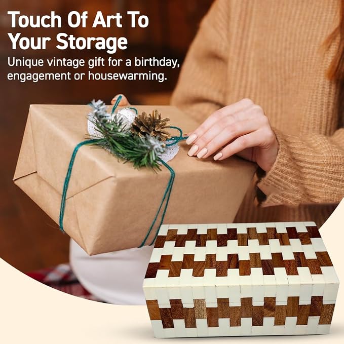 Perilla Home ﻿Home Decor Decorative Storage Wooden Box Small Wooden Organizer Tool Stash Card Craft Trinket Memory Keepsake Jewelry Box for Men and Women, Ticino, Gifts For All, Off White & Brown