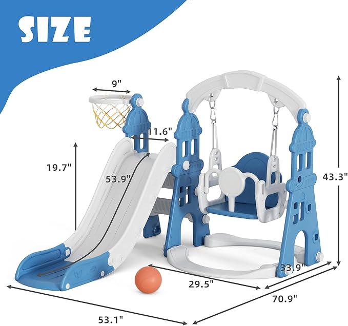 XJD 5-in-1 Toddler Slide and Swing Set, Kids Slide for Toddlers Age 1+, Toddler Outdoor Playset with Basketball Hoop, Swing, Outdoor Indoor Playground for Toddlers 1-3 (Blue)