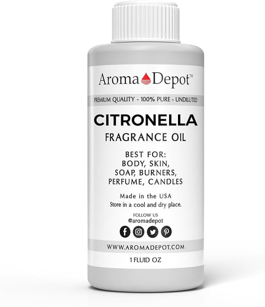 Aroma Depot Citronella 1oz. Fragrance Oil I Perfume I Skin Oil I Scented. DIY Projects Such as Candles, Bath Bombs, Body Butters, Creams & Lotions. Few Drops in The Diffuser, Burners, or Warmers.