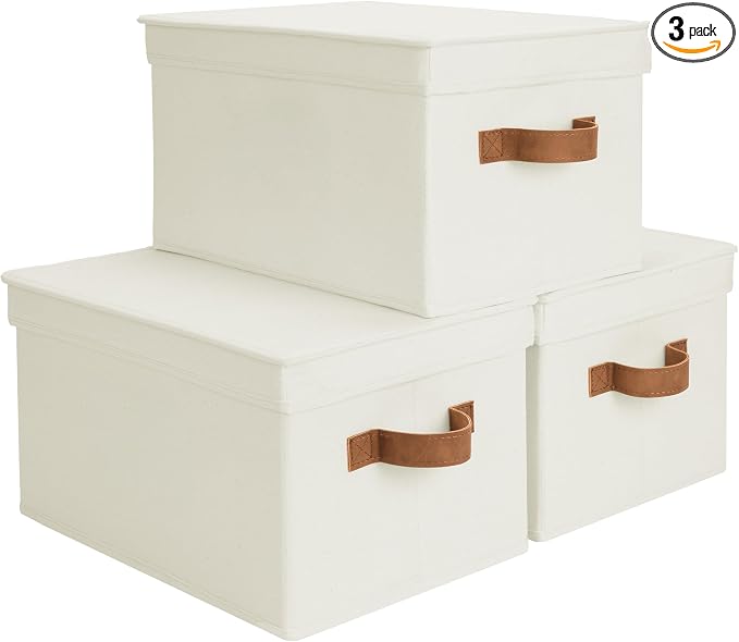 StorageWorks Closet Storage Bins, Fabric Storage Bins with Lids | Lidded Dust-proof, Easy Pull Handles, Foldable, Stackable, Ideal for Clothes Blanket Towel, Large, Ivory, 3-Pack