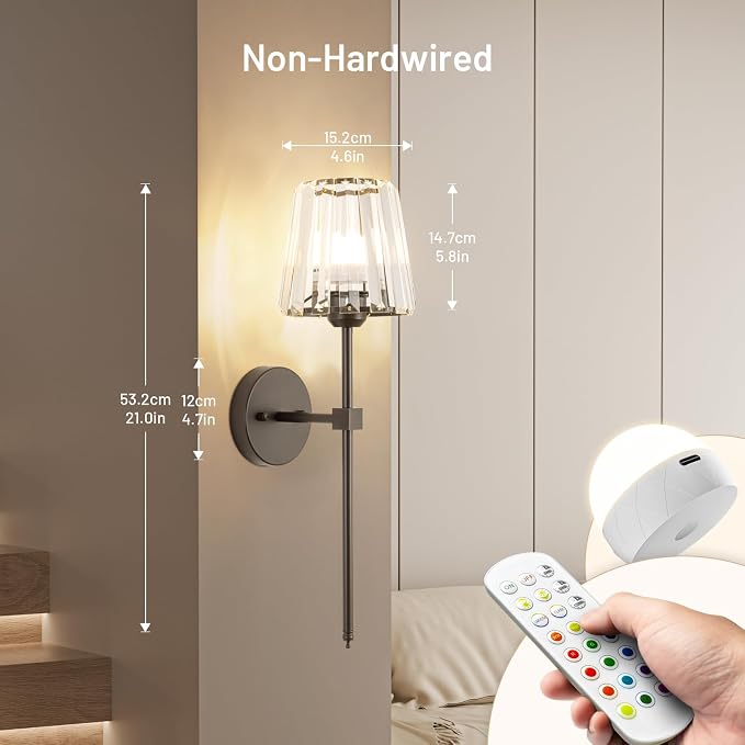 Crystal Battery Operated Wall Sconces Set of 2, Brown Rechargeable Wireless Wall Lights with Crystal Lampshade, 12 RGB and 3CCT Dimmable Wall Lamps with Remote for Bedroom Living Room Hallway
