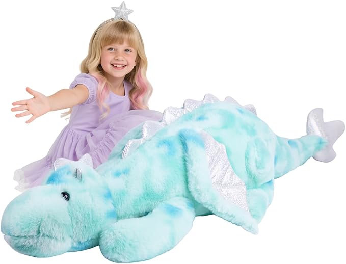 ARELUX Giant 52in 3Lb Big Colorful Green Dragon Large Stuffed Animals Cute Plush Toy Fuzzy Jumbo Dinosaur Pillow Plushies with Wings Cuddly Soft Green Pterosaur Plushie for Friends Family Member