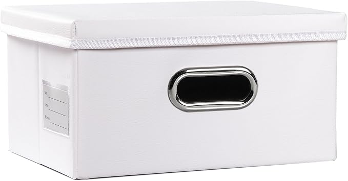 Collapsible Storage Box with Lid [1-Pack] Leather Fabric Foldable Storage Bin Organizer Container Basket Cube with Cover for Home Bedroom Closet Office Nursery White (13.6x9.6x6.9)