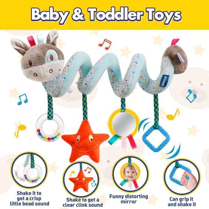 Baby Car Seat Toys Activity Stroller Toy for Boys Girls 0 3 6 9 10 12 Months, Spiral Hanging Plush Toys, Baby Shower Thank You Gifts