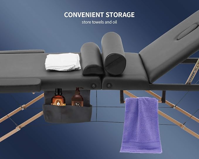BestMassage Massage Bed Portable Massage Table 28 inch Wide Lash Bed Height Adjustable 3 Folding Spa Table with Towel Hanger Oil Pouch Half Bolster Round Bolster Non-Woven Backpack