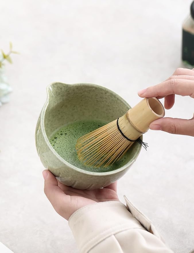 TANG PIN Matcha Set - Match Bowl and Whisk, 15 OZ, Matcha Scoop | Matcha Whisk Stand (Chasen Holder) - 5pc Perfect Matcha Kit for Matcha Tea Ceremony (Mottled Green)