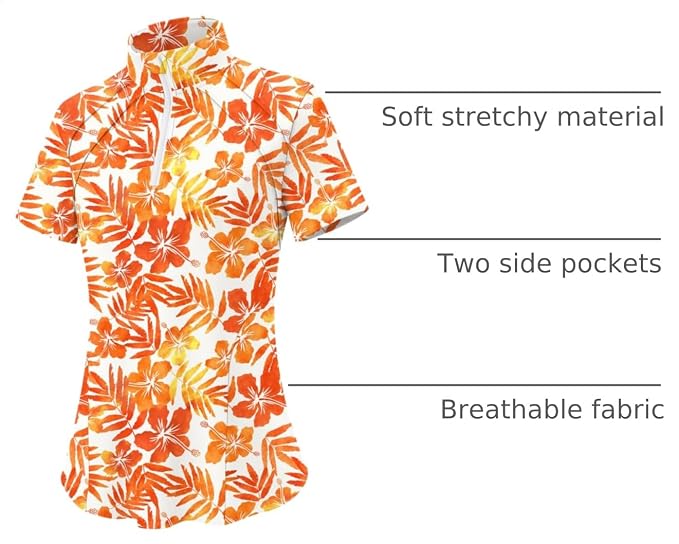 LOMON Womens Golf Polo Shirt Summer Short Sleeve Quarter Zip Outfit | Side-Pockets,Princess Seams,Cotton,Wrinkle Free,Moisture Wicking,Quick-Dry,Lightweight,Collared,for Tennis Workout