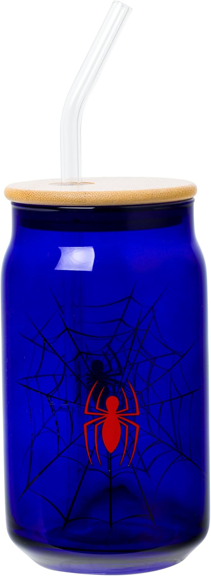 Silver Buffalo Marvel Spider-Man Spidey Spider Web Logo Glass Jar Tumbler with Bamboo Lid and Glass Straw, 16 Ounces