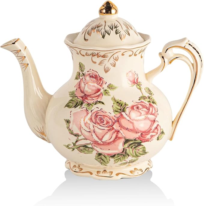 YOLIFE Ivory Rose Teapot, 25 OZ/ 3 Cup Vintage Porcelain Tea Pot with Infuser, Floral Teapot Pink Rose with Gold Trim