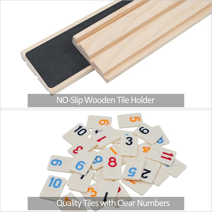 Rummy Cube 6-8 Player Edition with 8 Wooden Holders, 214 Large Numbers Rummy Tiles Set with Carrying Bag, Rummy Travel Game Set with 8 Tiles Racks