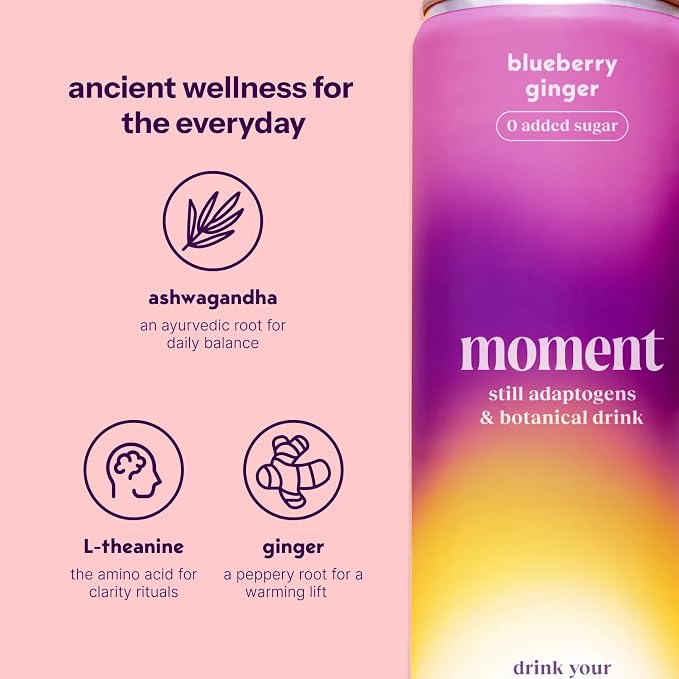 Moment Adaptogen Drink (Shark Tank) - Non Carbonated Botanical Tea - Calm, Clarity & Relaxation with L-Theanine & Ashwagandha - Non Alcoholic Drinks - 0 Sugar 0 Caffeine - 12 Pack 11.5 fl oz