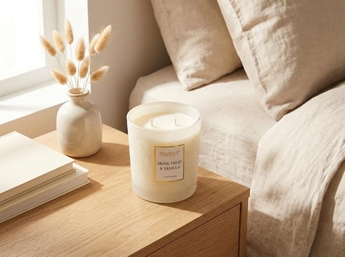 Bellevue Luxury Candles, 12 OZ Soy Blend Candle, Embossed Glass, Fragrances formulated with Essential Oils, Home Fragrances, Scented Candles Gift Set ǀ Scent: Monk Fruit & Vanilla