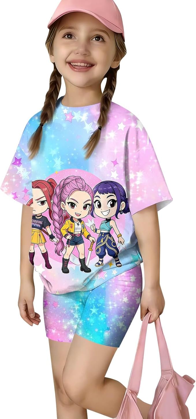 K-POP DEM0N Hunters Outfits for Girls, 2 Piece T-Shirts and Apparel Sets Birthday Gift