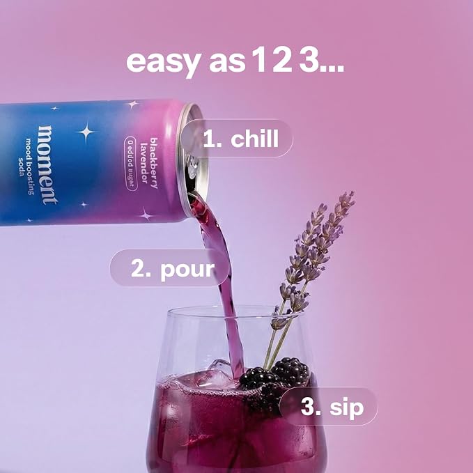Moment Adaptogen Drink (Shark Tank) - Calm, Clarity & Relaxation with L-Theanine & Ashwagandha - Non Alcoholic Drinks for Adults - Sparkling Botanical Soda - 0 Sugar 0 Caffeine - 12 Pack 11.5 fl oz