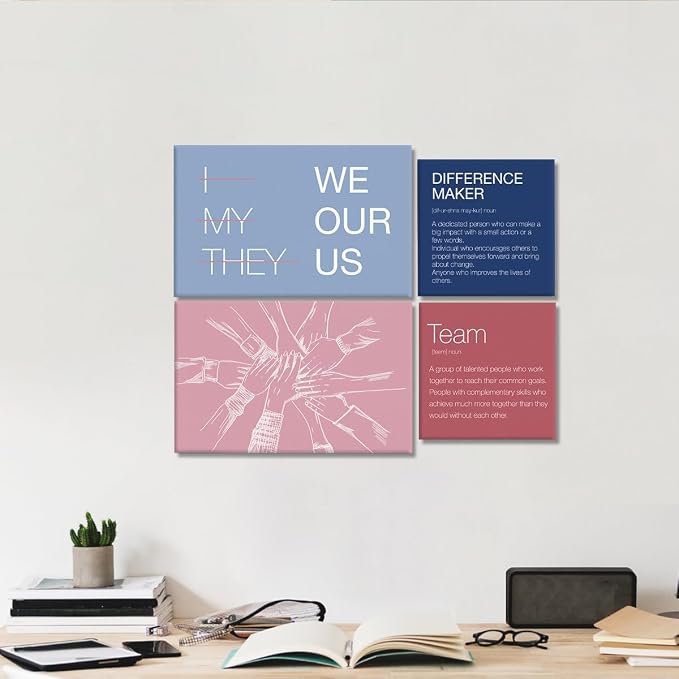 YEOION Motivational Office Wall Art,Inspirational Teamwork Wall Art for Office,Light Pink and Blue Positive Teamwork Wall Decor for Workplace Set of 6