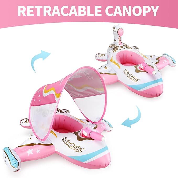 Swimbobo Toddler Pool Float Inflatable Car Baby Swim Float with Adjustable Sun Canopy and Safety Seat Pool Toys for Kids 3+ Years Old(Pink Airplane)