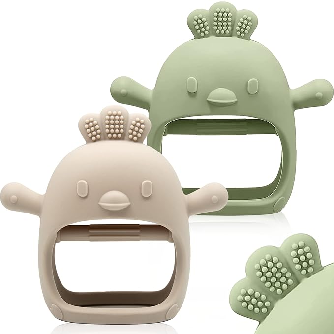 2 Pack Baby Teething Toy Silicone Teething Mitten for Babies Over 3 Months Anti Dropping Wrist Hand Teethers Baby Chew Toys for Sucking Needs, BPA Free (Green & Caramel)