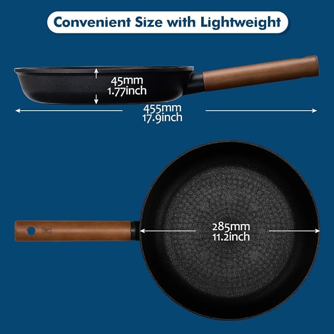 WAGENSTEIGER Aluminum Frying Pan with Titanium Coated Non-Stick Surface, 7-Layer Coating With Zelkova Wooden Handle, Restaurant & Business Grade, Made in Korea (17.91" L x 11.22" W x 2.17" H)