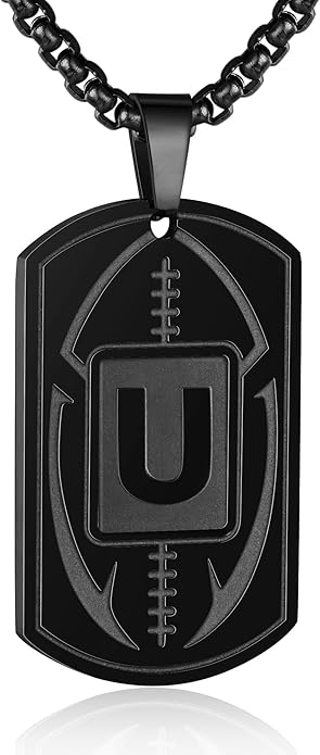Initial A-Z Dog Tag Necklace for Men - Football Charm Pendant, Stainless Steel Chain 22+2 Inches, Personalized Sports Athletes Jewelry Gift