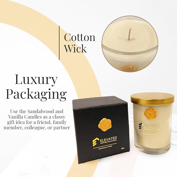Elevated Scent[d] for Success Vanilla Sandalwood Candle | Long Lasting Candles for Aromatherapy | 9.1oz Large Candle Jar with Up to 70 Hours Burn Time