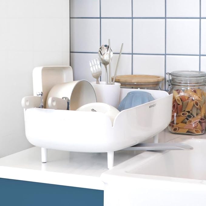 Small Dish Drying Rack for Kitchen Counter, Compact Dish Drainer with Drainage Spout & Spoon Holder, Space-Saving Drying Rack for Small Kitchens, Apartments & RVs, Made in Korea (Cream White)