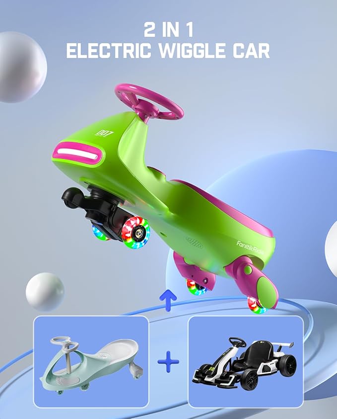 FanttikRide N7 Pro Electric Wiggle Car, Rechargeable Battery, CyberWiggle, 2 in 1 Swing Car, 2 Speeds Max 4 Mph, Anti-Rollover, Flashing Wheels, Bluetooth, for Ages 3 and Up, 150 Lbs, Grape Green