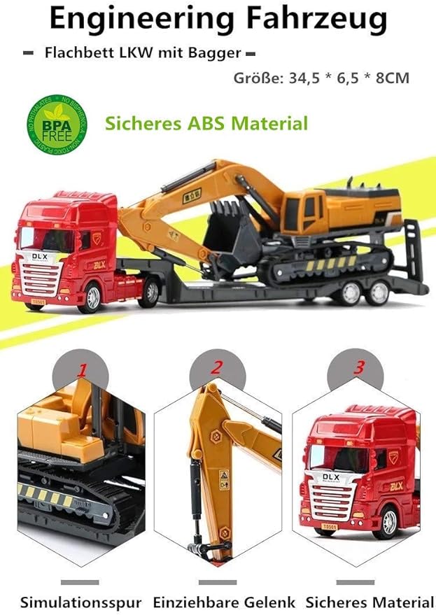 ZUKULIFE Construction Truck Toy Set Vehicles Site Playset, Flatbed Truck Excavator, Trailer, Birthday Gift for 3 4 5 6 Year Olds Boys Kid Toddler Child