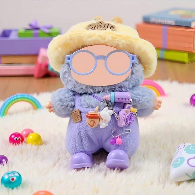 Doll Clothes Outfit and Accessories Suitable for 17cm Dolls, 5 Piece Set Romper Hat Camera Backpack Glasses Shoes (No Doll) Purple