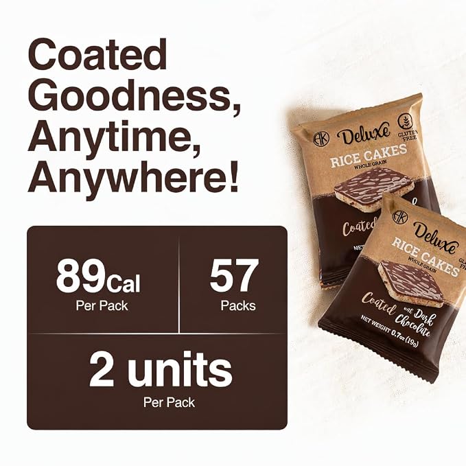 Deluxe & Bla Bla Chocolate Covered Rice Cakes 57 Pack – Whole Grain, Gluten-Free, Kosher, Low-Calorie Snack – Coated with Dark Chocolate – Healthy & Crunchy Treat – Individually Wrapped, (19g Each)