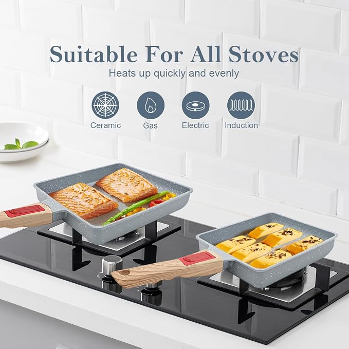 AIKENBBKK Tamagoyaki Pan Ceramic, Japanese Omelette Pan Nonstick, Japanese Egg Pan, Square Egg Pan, Induction-Ready, Detachable Handle, with Silicone Spatula, PFAS & PFOA-Free, Oven Safe, Blue